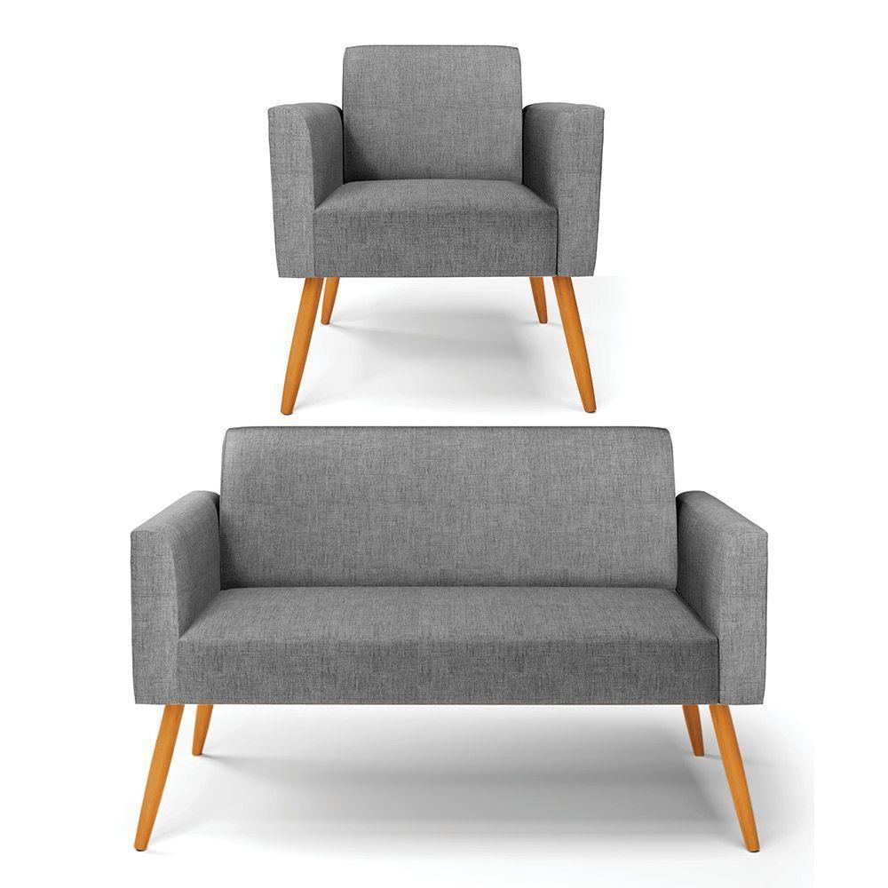 Sofá Namoradeira Com Poltrona Pés Palito Castanho Marisa Linho D03 - D\'rossi Cor A26 Grafite - 1