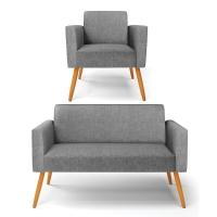 Sofá Namoradeira Com Poltrona Pés Palito Castanho Marisa Linho D03 - D\'rossi Cor A26 Grafite - 1