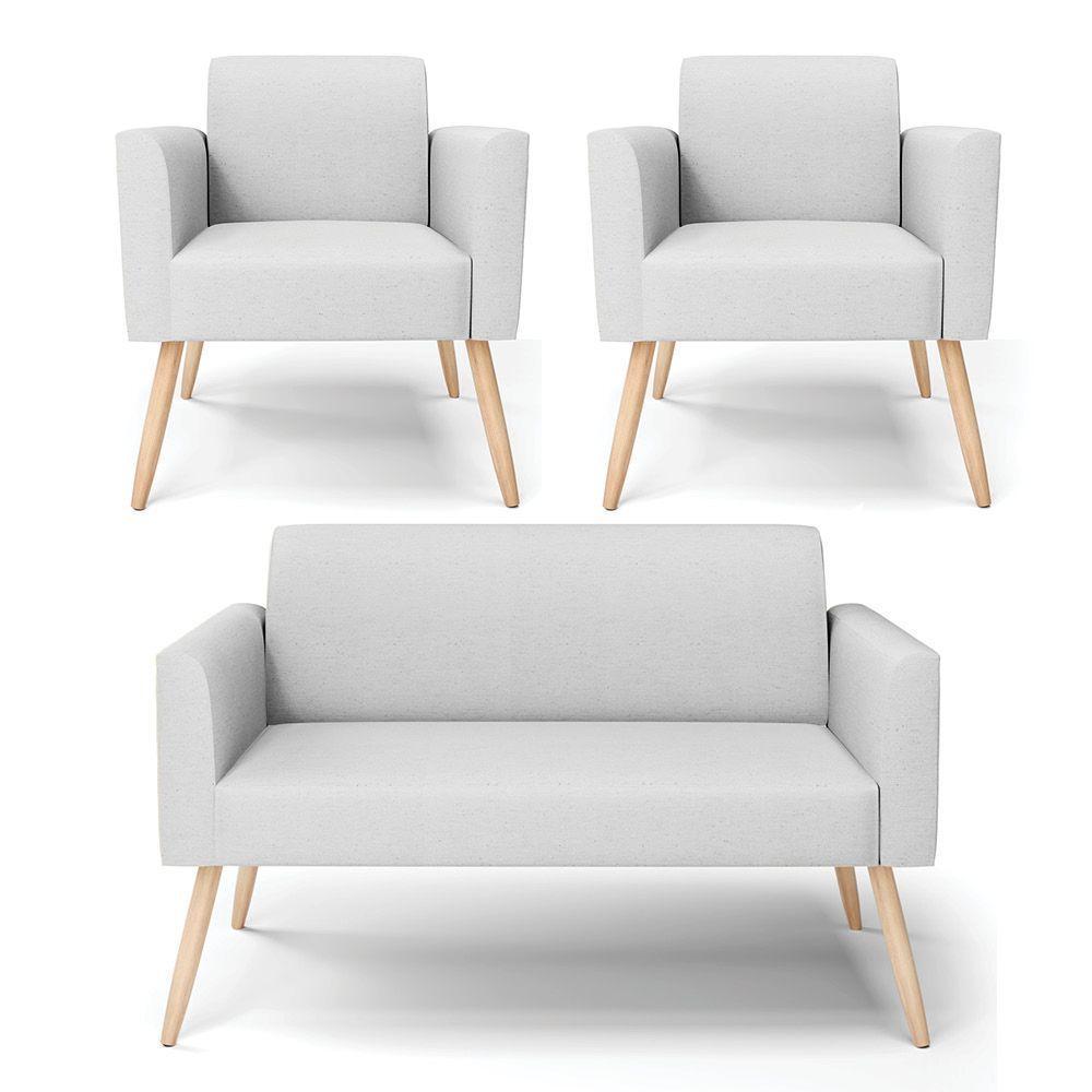 Sofá Namoradeira Com 2 Poltronas Pés Palito Natural Marisa Linho D03 - D\'rossi Cor A05 Cinza - 1