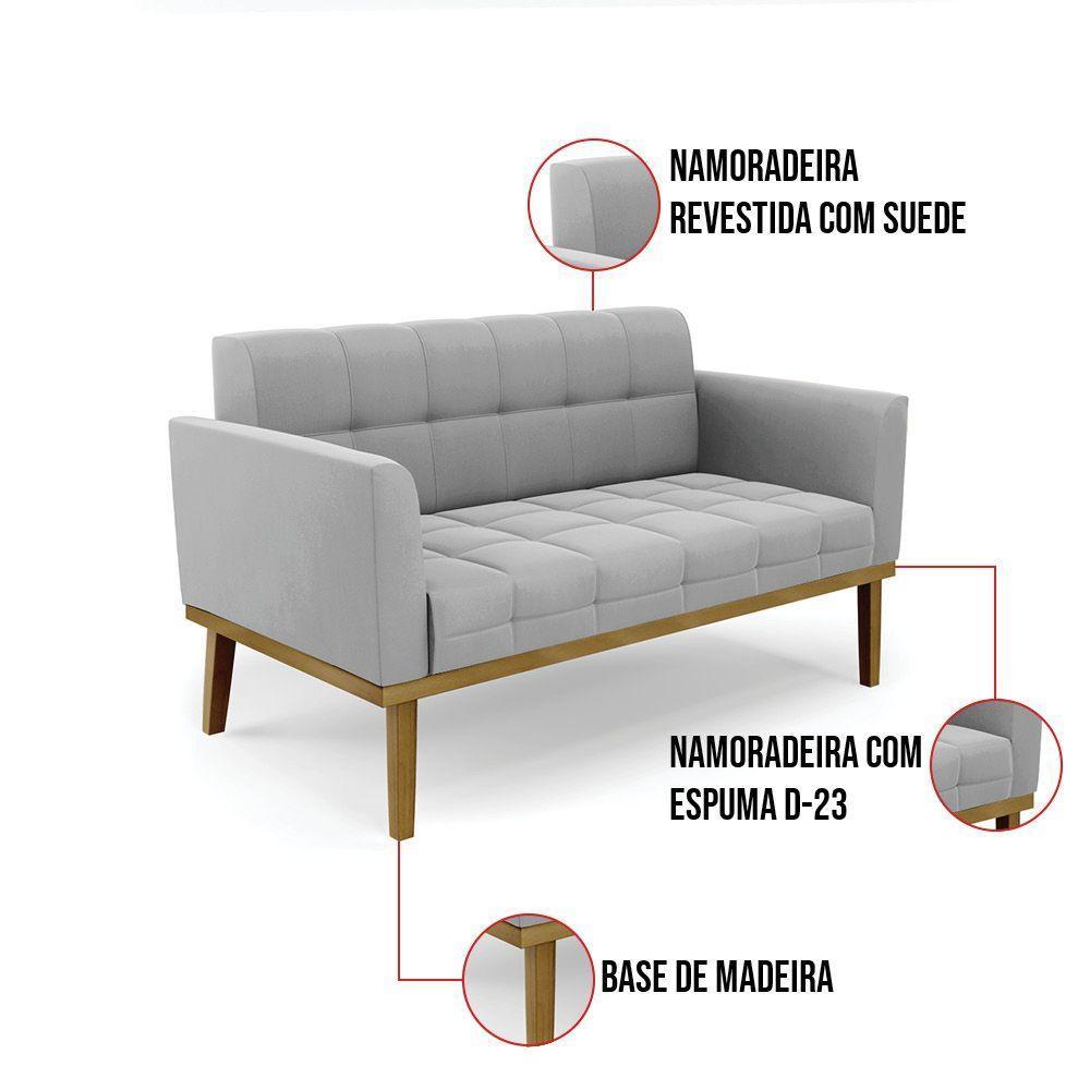 Namoradeira Com 2 Poltronas Base De Madeira Castanho Elisa Suede D03 - D\'rossi Cor Cinza - 4