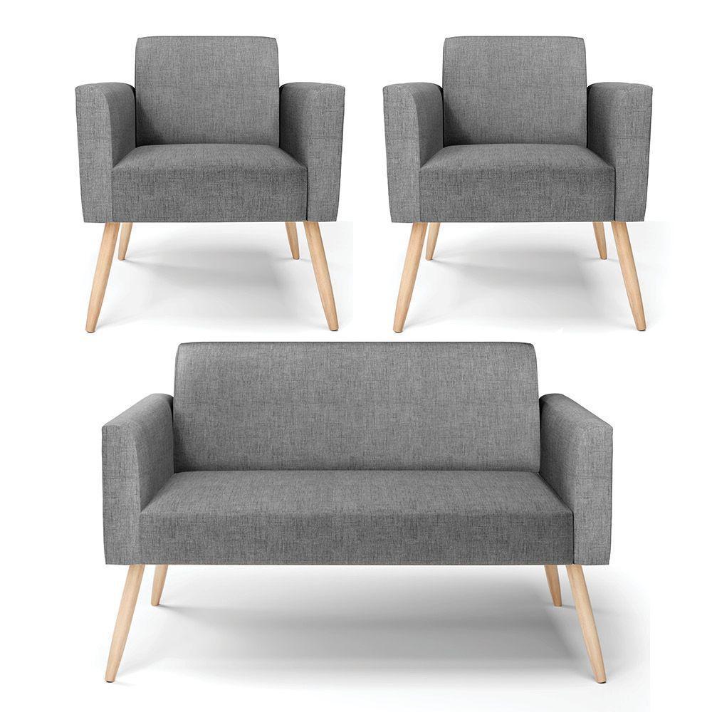 Sofá Namoradeira Com 2 Poltronas Pés Palito Natural Marisa Linho D03 - D\'rossi Cor A26 Grafite - 1