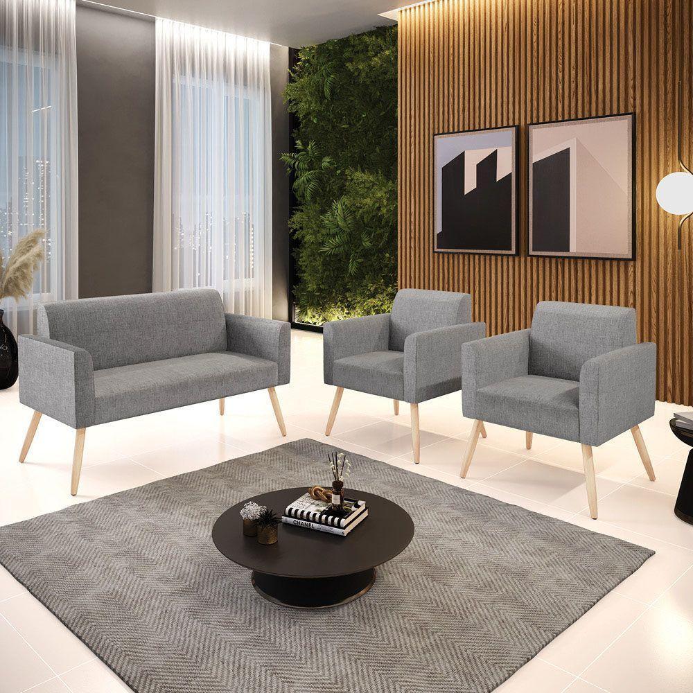 Sofá Namoradeira Com 2 Poltronas Pés Palito Natural Marisa Linho D03 - D\'rossi Cor A26 Grafite - 7