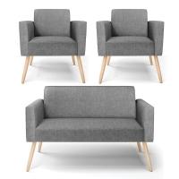 Sofá Namoradeira Com 2 Poltronas Pés Palito Natural Marisa Linho D03 - D\'rossi Cor A26 Grafite - 1