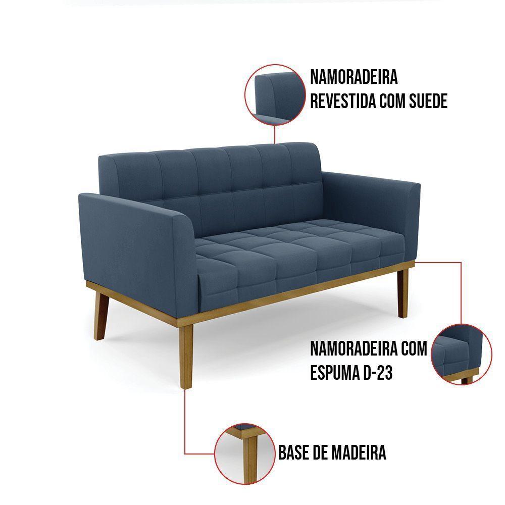 Namoradeira Com 2 Poltronas Base De Madeira Castanho Elisa Suede D03 - D\'rossi Cor Azul Marinho - 7