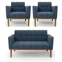 Namoradeira Com 2 Poltronas Base De Madeira Castanho Elisa Suede D03 - D\'rossi Cor Azul Marinho - 1