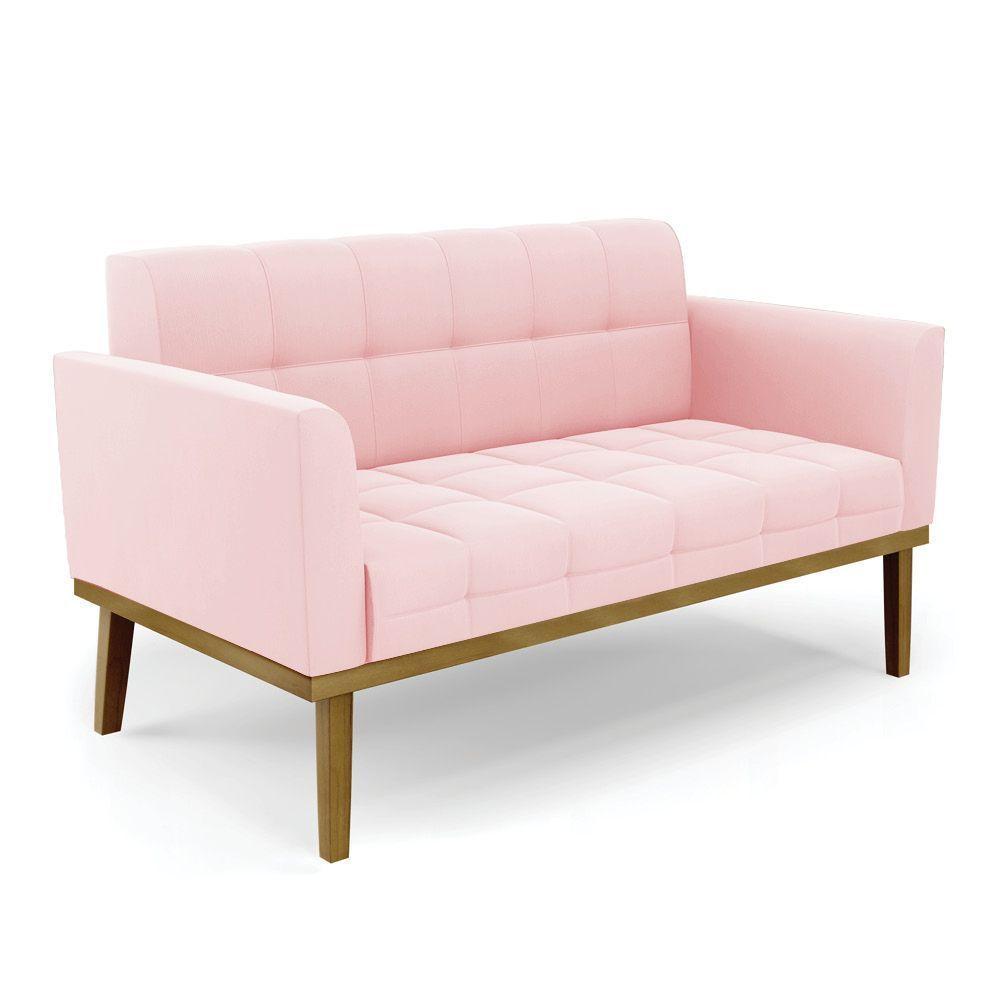 Namoradeira Com 2 Poltronas Base De Madeira Castanho Elisa Suede D03 - D\'rossi Cor Rosa Bebê - 4