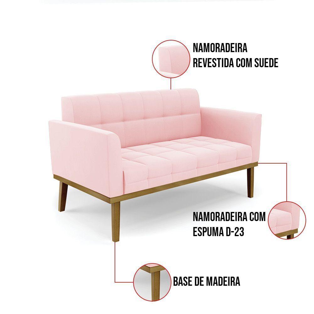 Namoradeira Com 2 Poltronas Base De Madeira Castanho Elisa Suede D03 - D\'rossi Cor Rosa Bebê - 6