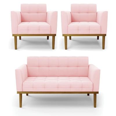 Namoradeira Com 2 Poltronas Base De Madeira Castanho Elisa Suede D03 - D\'rossi Cor Rosa Bebê
