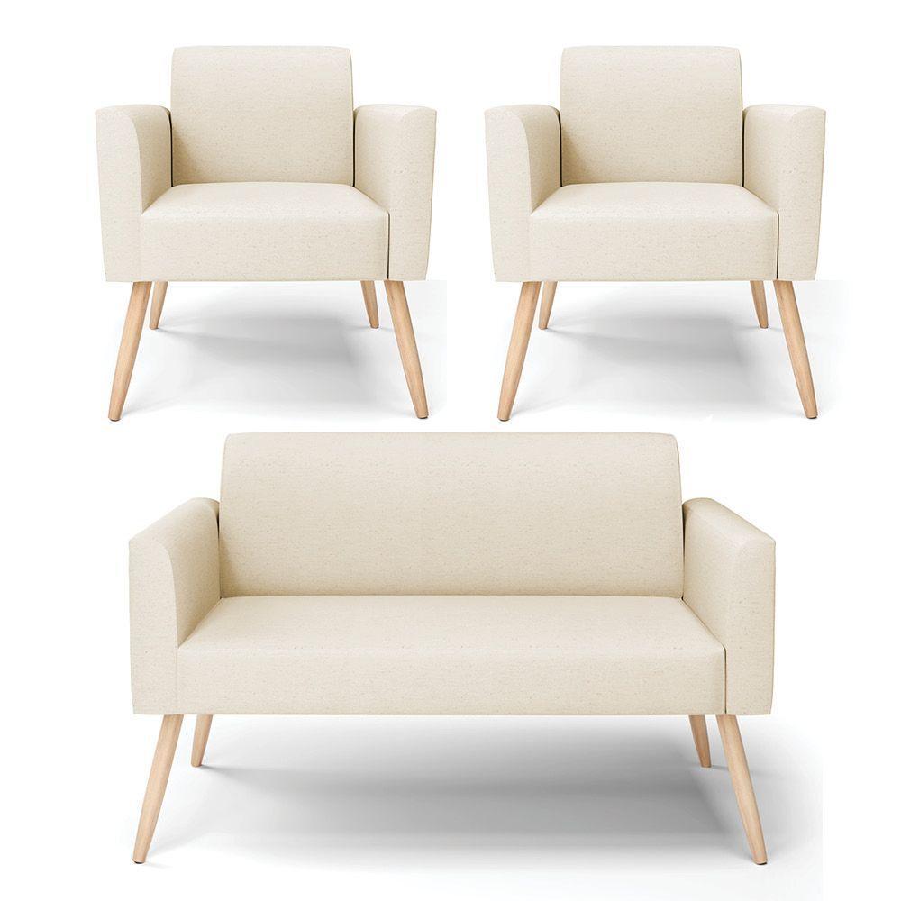 Sofá Namoradeira Com 2 Poltronas Pés Palito Natural Marisa Linho D03 - D\'rossi Cor A19 Bege - 1