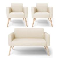 Sofá Namoradeira Com 2 Poltronas Pés Palito Natural Marisa Linho D03 - D\'rossi Cor A19 Bege - 1