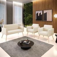 Sofá Namoradeira Com 2 Poltronas Pés Palito Natural Marisa Linho D03 - D\'rossi Cor A19 Bege - 7