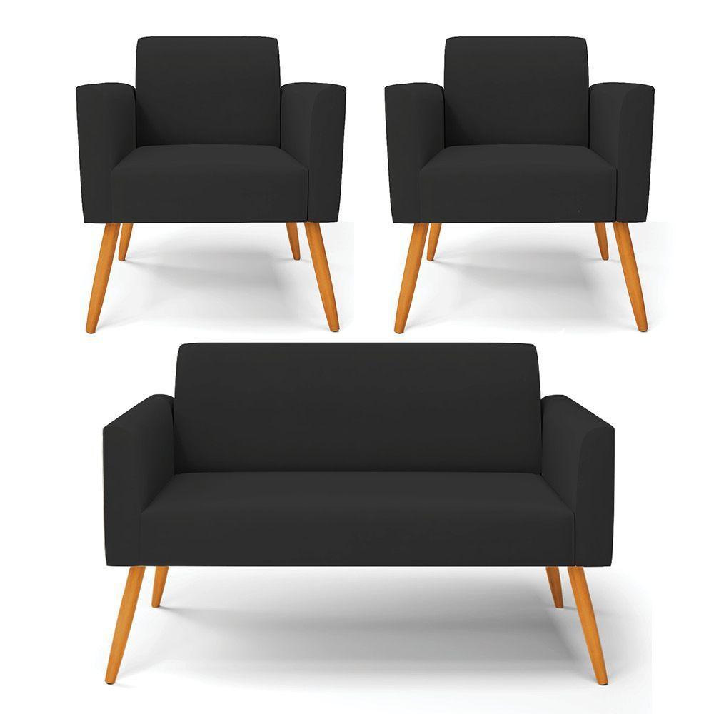 Sofá Namoradeira Com 2 Poltronas Pés Palito Castanho Marisa Veludo D03 - D\'rossi Cor Preto - 1