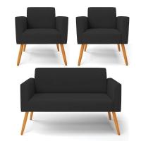 Sofá Namoradeira Com 2 Poltronas Pés Palito Castanho Marisa Veludo D03 - D\'rossi Cor Preto - 1