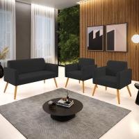 Sofá Namoradeira Com 2 Poltronas Pés Palito Castanho Marisa Veludo D03 - D\'rossi Cor Preto - 2