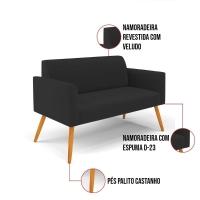 Sofá Namoradeira Com 2 Poltronas Pés Palito Castanho Marisa Veludo D03 - D\'rossi Cor Preto - 6