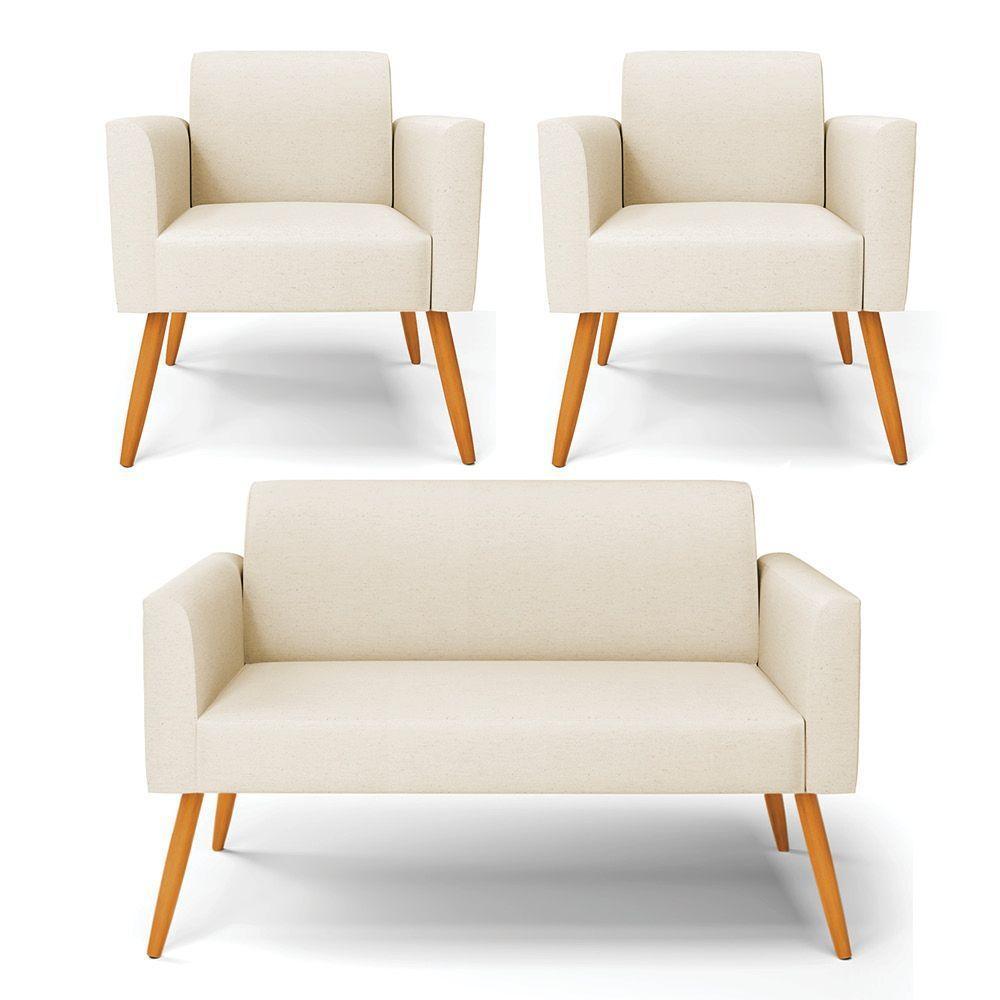 Sofá Namoradeira Com 2 Poltronas Pés Palito Castanho Marisa Linho D03 - D\'rossi Cor A19 Bege - 1