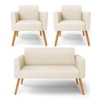 Sofá Namoradeira Com 2 Poltronas Pés Palito Castanho Marisa Linho D03 - D\'rossi Cor A19 Bege - 1