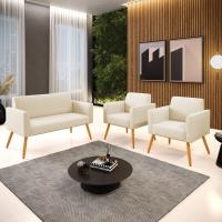 Sofá Namoradeira Com 2 Poltronas Pés Palito Castanho Marisa Linho D03 - D\'rossi Cor A19 Bege - 6
