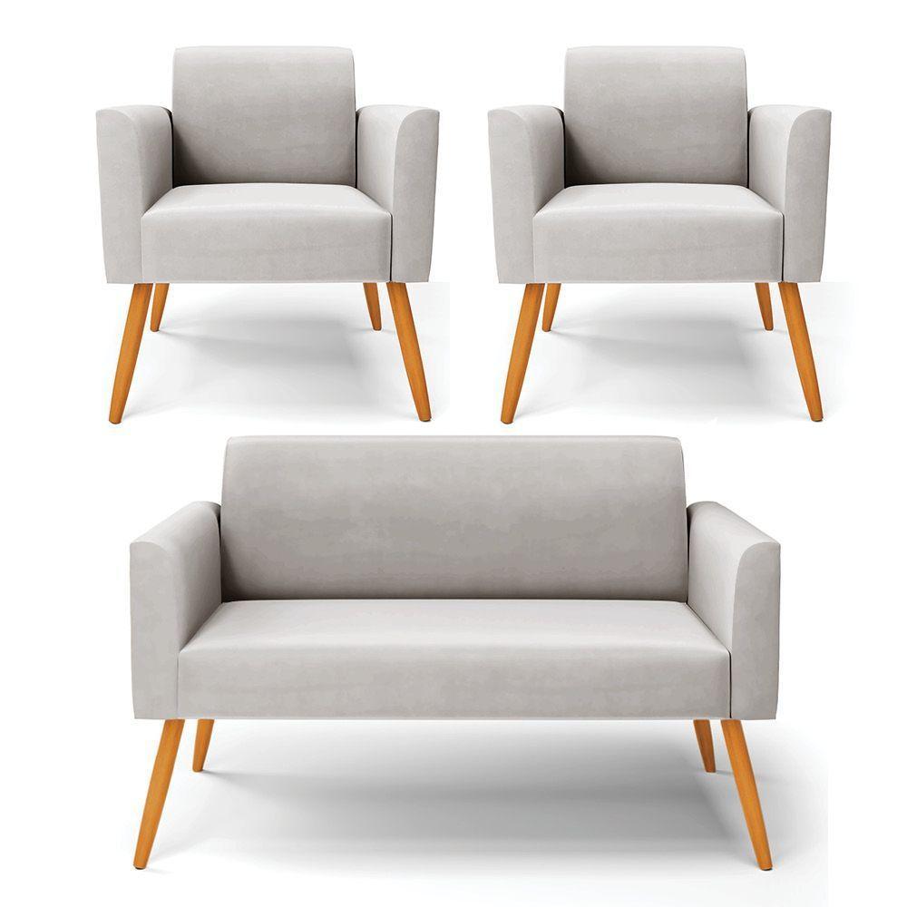 Sofá Namoradeira Com 2 Poltronas Pés Palito Castanho Marisa Veludo D03 - D\'rossi Cor Cinza - 1