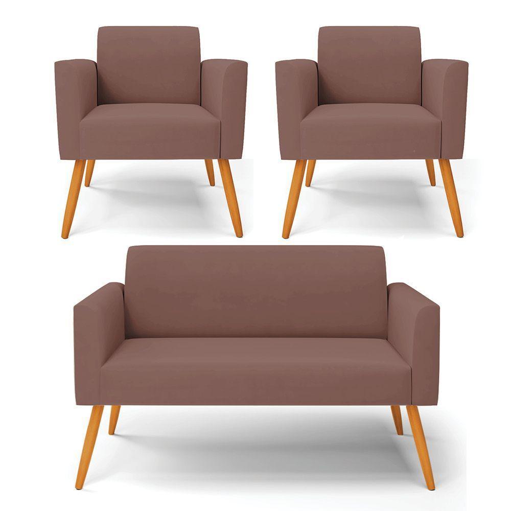 Sofá Namoradeira Com 2 Poltronas Pés Palito Castanho Marisa Veludo D03 - D\'rossi Cor Rose - 5