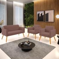 Sofá Namoradeira Com 2 Poltronas Pés Palito Castanho Marisa Veludo D03 - D\'rossi Cor Rose - 1