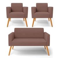 Sofá Namoradeira Com 2 Poltronas Pés Palito Castanho Marisa Veludo D03 - D\'rossi Cor Rose - 5