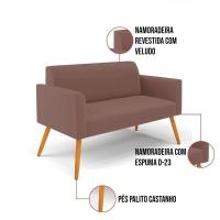 Sofá Namoradeira Com 2 Poltronas Pés Palito Castanho Marisa Veludo D03 - D\'rossi Cor Rose - 8