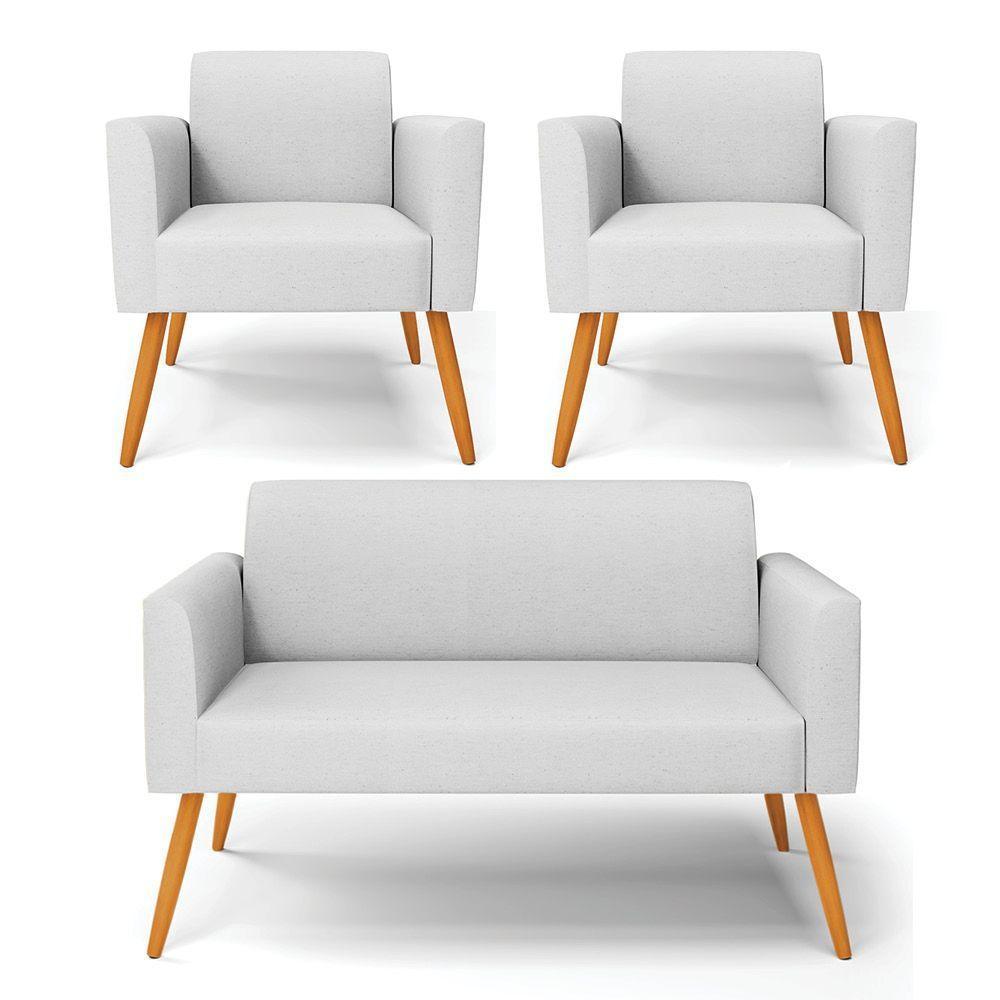 Sofá Namoradeira Com 2 Poltronas Pés Palito Castanho Marisa Linho D03 - D\'rossi Cor A05 Cinza - 1