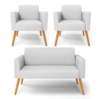 Sofá Namoradeira Com 2 Poltronas Pés Palito Castanho Marisa Linho D03 - D\'rossi Cor A05 Cinza - 1