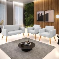 Sofá Namoradeira Com 2 Poltronas Pés Palito Castanho Marisa Linho D03 - D\'rossi Cor A05 Cinza - 5