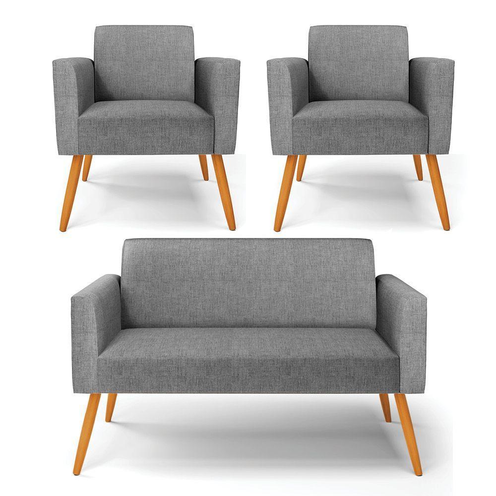 Sofá Namoradeira Com 2 Poltronas Pés Palito Castanho Marisa Linho D03 - D\'rossi Cor A26 Grafite - 1