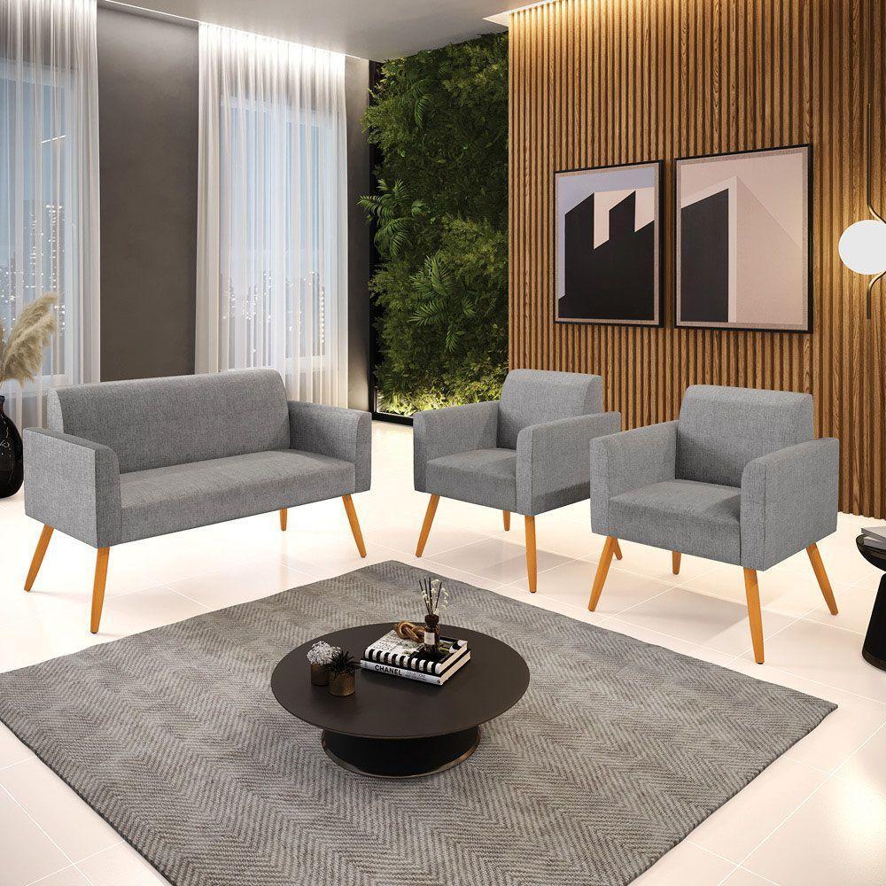 Sofá Namoradeira Com 2 Poltronas Pés Palito Castanho Marisa Linho D03 - D\'rossi Cor A26 Grafite - 3