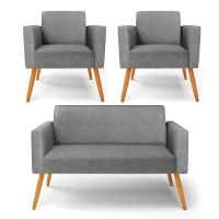 Sofá Namoradeira Com 2 Poltronas Pés Palito Castanho Marisa Linho D03 - D\'rossi Cor A26 Grafite - 1