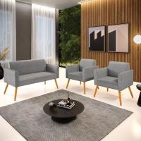 Sofá Namoradeira Com 2 Poltronas Pés Palito Castanho Marisa Linho D03 - D\'rossi Cor A26 Grafite - 3