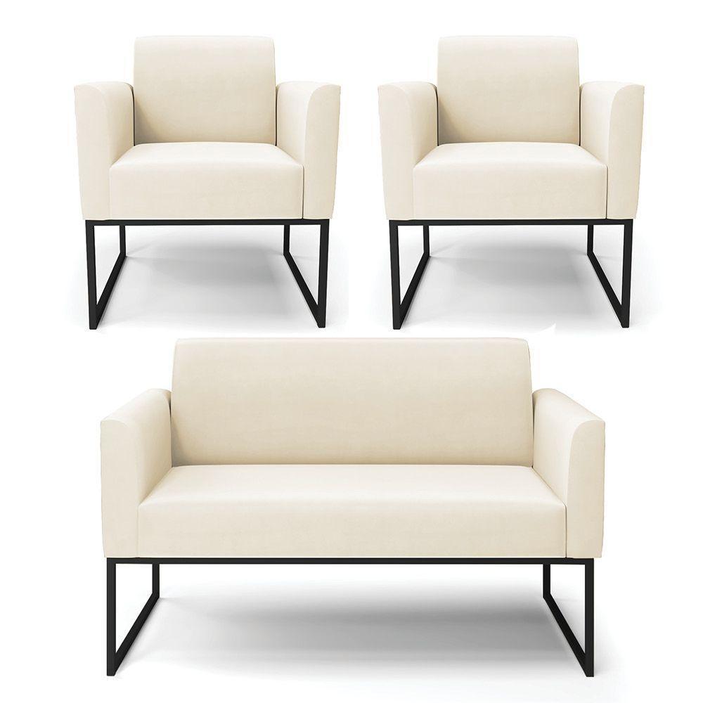Sofá Namoradeira Com 2 Poltronas Base Industrial Preto Marisa Veludo D03 - D\'rossi Cor Bege - 1