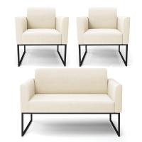 Sofá Namoradeira Com 2 Poltronas Base Industrial Preto Marisa Veludo D03 - D\'rossi Cor Bege - 1
