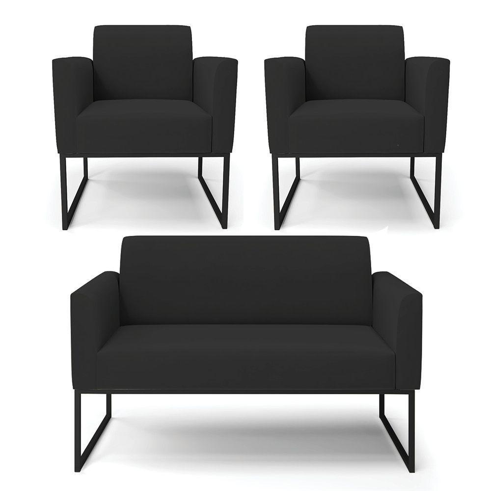 Sofá Namoradeira Com 2 Poltronas Base Industrial Preto Marisa Veludo D03 - D\'rossi Cor Preto - 1
