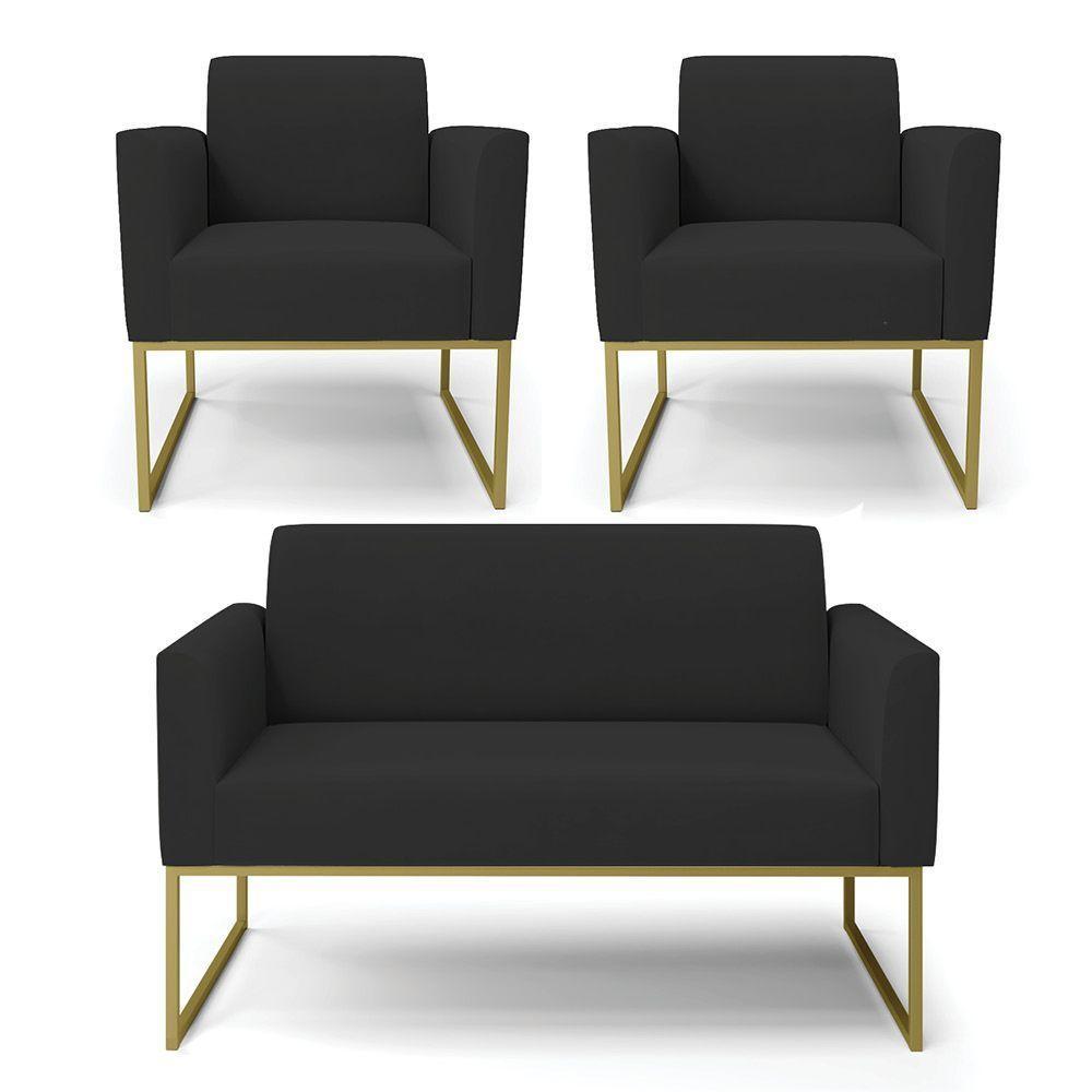 Sofá Namoradeira Com 2 Poltronas Base Industrial Dourado Marisa Veludo D03 - D\'rossi Cor Preto - 1