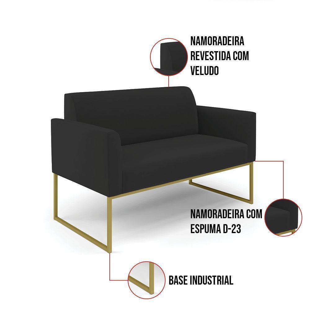 Sofá Namoradeira Com 2 Poltronas Base Industrial Dourado Marisa Veludo D03 - D\'rossi Cor Preto - 6