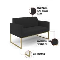 Sofá Namoradeira Com 2 Poltronas Base Industrial Dourado Marisa Veludo D03 - D\'rossi Cor Preto - 6