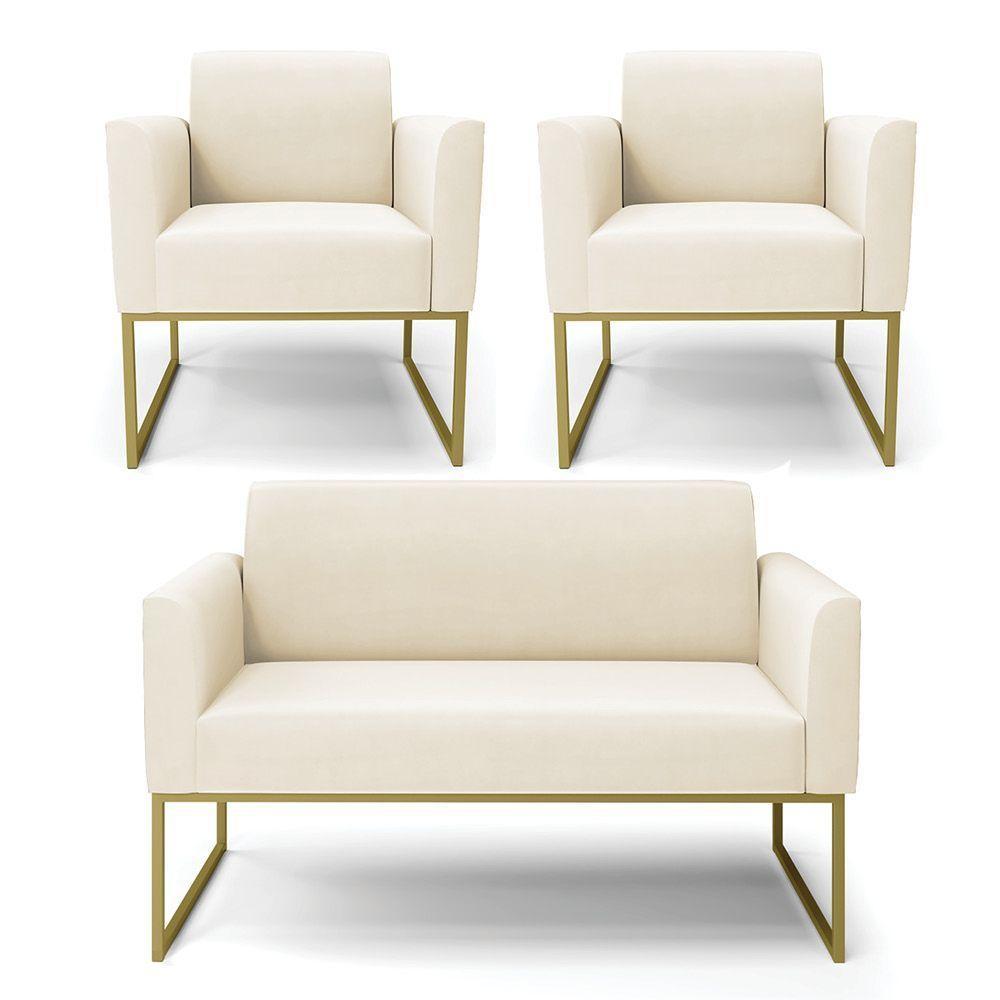 Sofá Namoradeira Com 2 Poltronas Base Industrial Dourado Marisa Veludo D03 - D\'rossi Cor Bege - 1