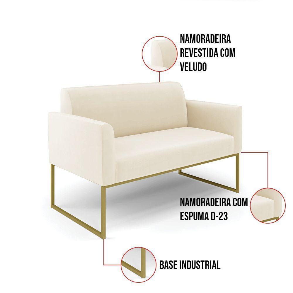Sofá Namoradeira Com 2 Poltronas Base Industrial Dourado Marisa Veludo D03 - D\'rossi Cor Bege - 5