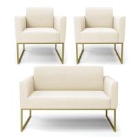 Sofá Namoradeira Com 2 Poltronas Base Industrial Dourado Marisa Veludo D03 - D\'rossi Cor Bege - 1