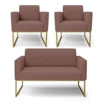 Sofá Namoradeira Com 2 Poltronas Base Industrial Dourado Marisa Veludo D03 - D\'rossi Cor Rose - 1