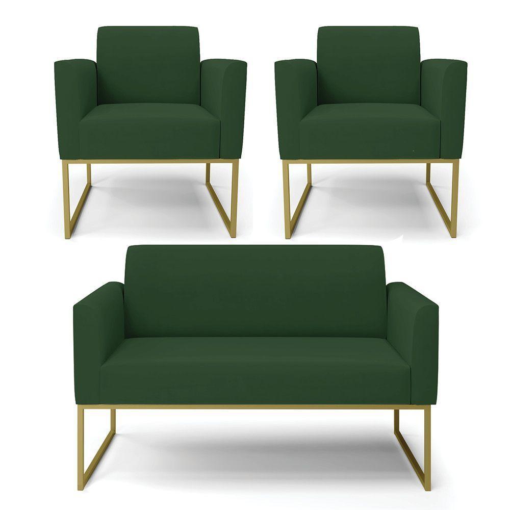 Sofá Namoradeira Com 2 Poltronas Base Industrial Dourado Marisa Veludo D03 - D\'rossi Cor Verde - 1