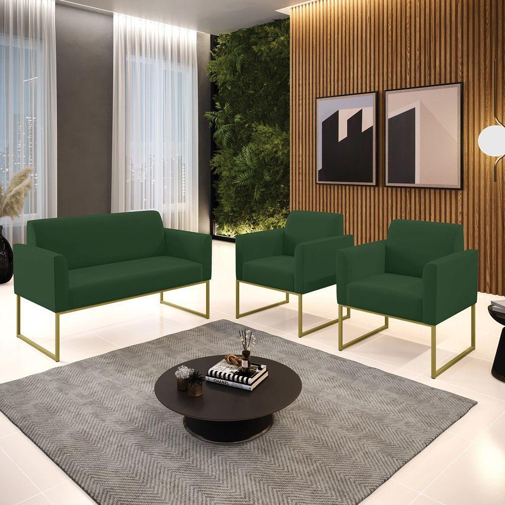 Sofá Namoradeira Com 2 Poltronas Base Industrial Dourado Marisa Veludo D03 - D\'rossi Cor Verde - 3