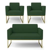 Sofá Namoradeira Com 2 Poltronas Base Industrial Dourado Marisa Veludo D03 - D\'rossi Cor Verde - 1