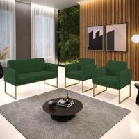 Sofá Namoradeira Com 2 Poltronas Base Industrial Dourado Marisa Veludo D03 - D\'rossi Cor Verde - 3