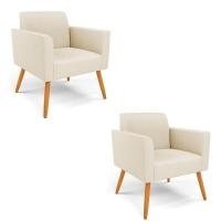 Kit 2 Poltronas Pés Palito Castanho Marisa Linho D03 - D\'rossi Cor A19 Bege - 1