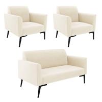 Sofá Namoradeira Com 2 Poltronas Pés Villach Marisa Veludo D03 - D\'rossi Cor Bege - 1